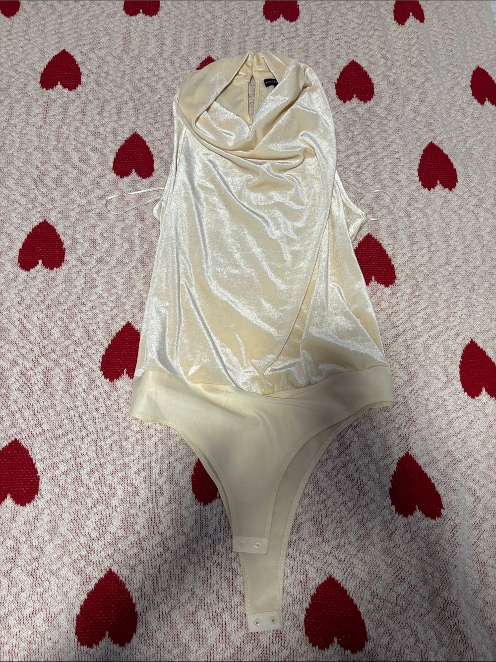 Sincerly Jules Ivory Satin Cowl-Neck Bodysuit